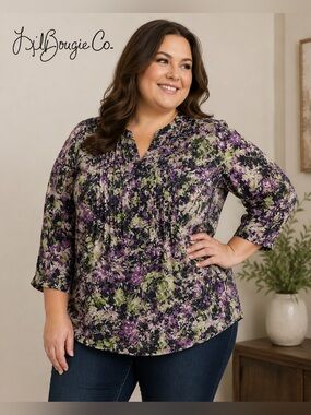 CJ Banks Purple Floral Pintuck Blouse | Size 1X | 3/4 Sleeve | EUC